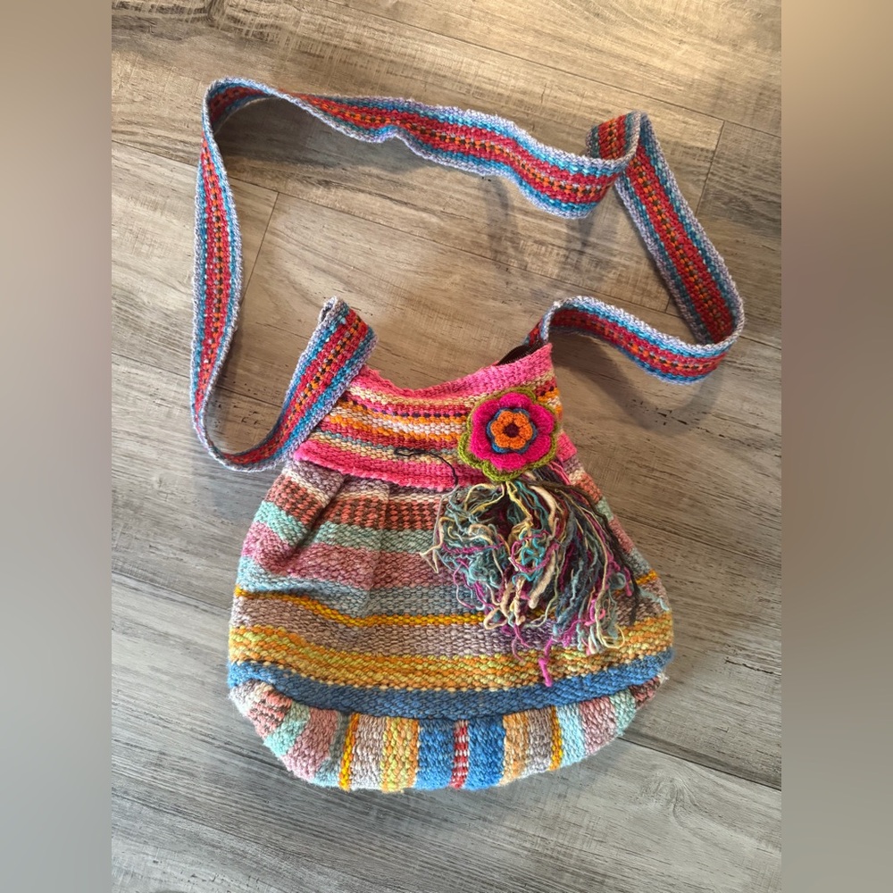 Boho Hand‎ Woven Striped Crossbody Bag Crochet Flower Fringe Tassel Multi Color
